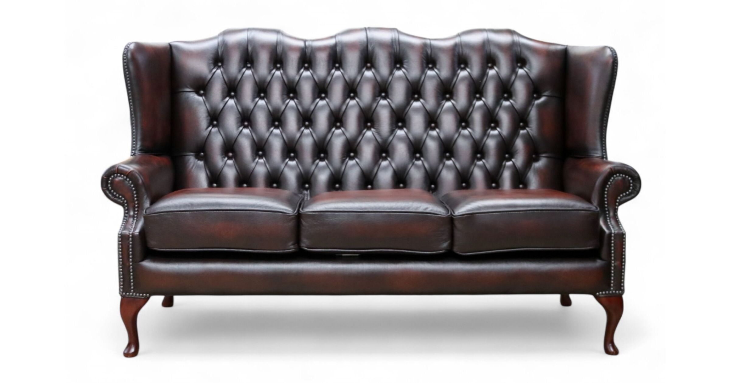Antique Rust Leather Queen Anne High Back Wing Sofa Chair
