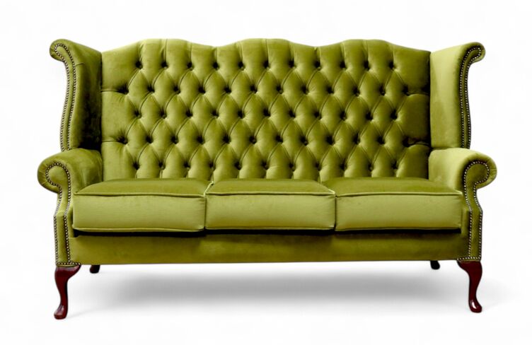 Chesterfield Malta Grass Green Velvet 3 Seater Queen Anne High Back Wing Sofa