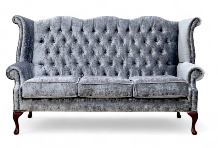 Chesterfield 3 Seater Queen Anne High Back Wing Sofa Chair Modena Pewter Grey Velvet