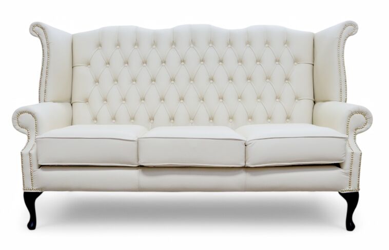 Chesterfield 3 Seater Queen Anne High Back Wing Sofa Cottonseed Cream Leather
