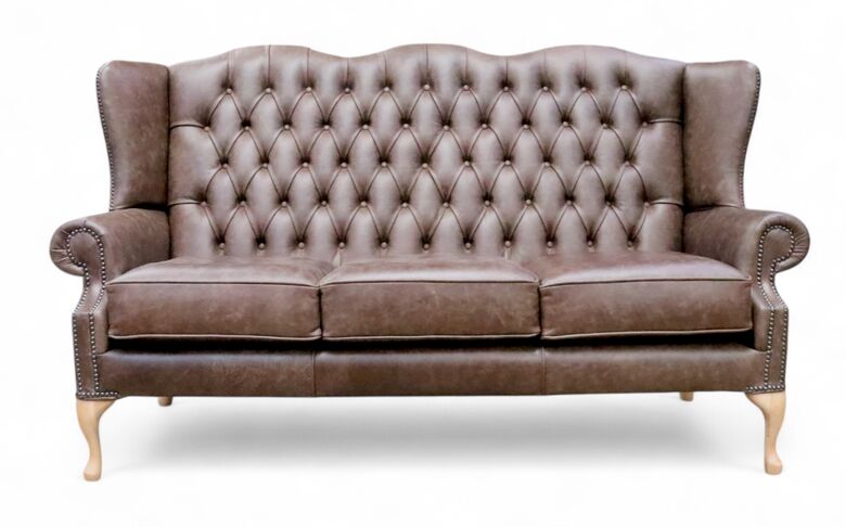 Chesterfield 3 Seater Queen Anne High Back Wing Sofa Cracked Wax Tobacco Leather