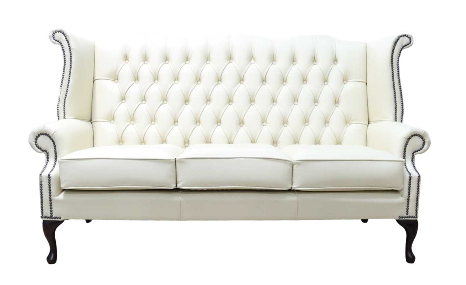 Product photograph of Chesterfield 3 Seater Queen Anne High Back Wing Sofa Cream Leather from Designer Sofas 4U