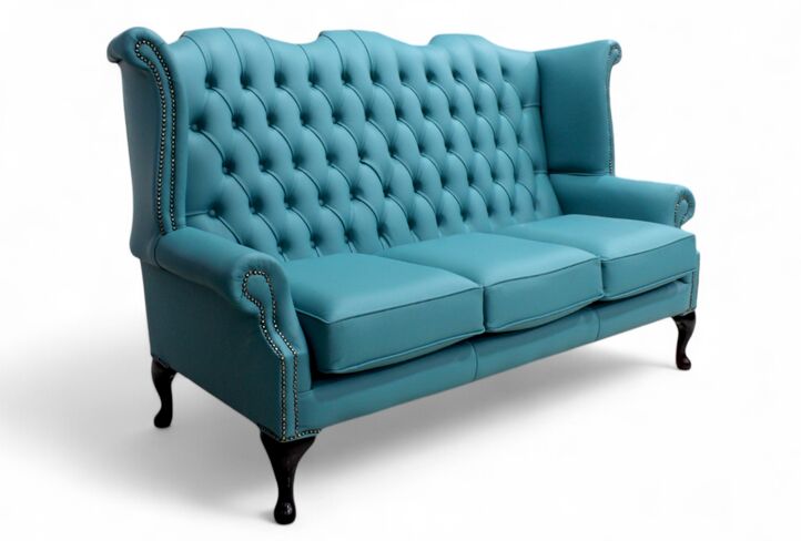 Chesterfield 3 Seater Queen Anne High Back Wing Sofa Dark Teal Leather