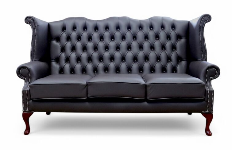 Chesterfield 3 Seater Havannah Brown Leather Queen Anne High Back Wing Sofa