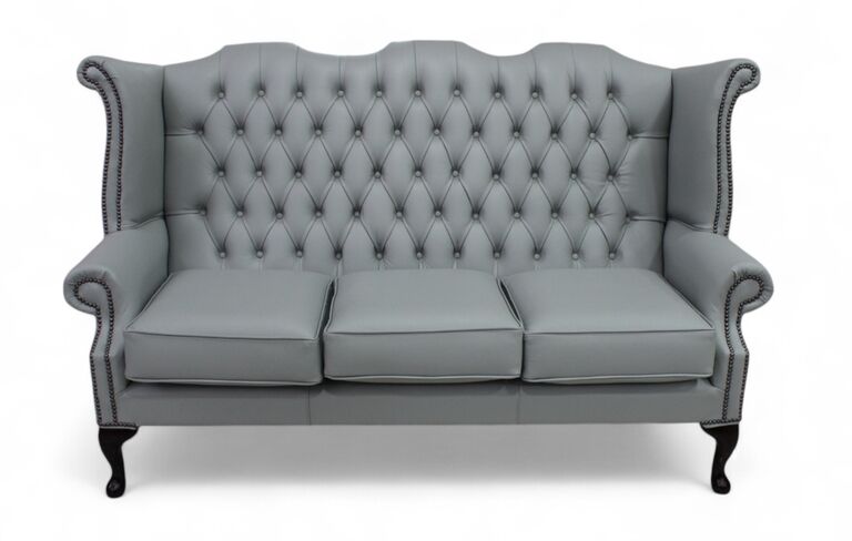 Chesterfield 3 Seater Queen Anne High Back Wing Sofa Moon Mist Grey Leather