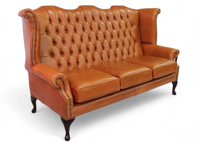 Chesterfield 3 Seater Queen Anne High Back Wing Sofa Old English Bruciato Leather