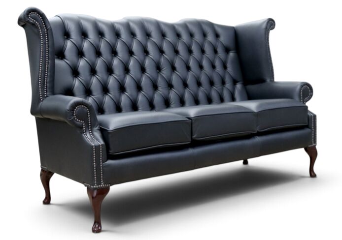 Chesterfield 3 Seater Queen Anne High Back Wing Sofa UK Manufactured Black