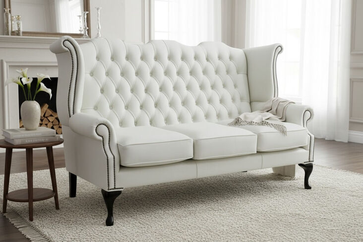 Chesterfield 3 Seater Queen Anne High Back Wing Sofa White Leather