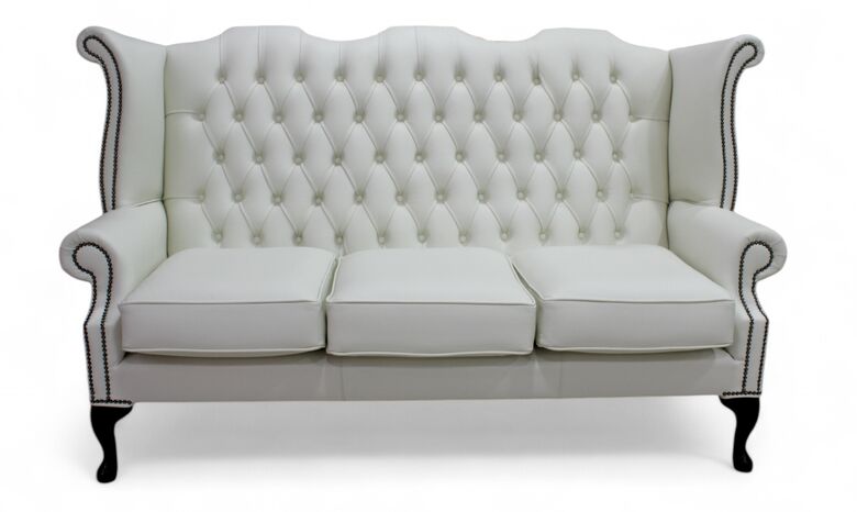 Chesterfield 3 Seater Queen Anne High Back Wing Sofa White Leather