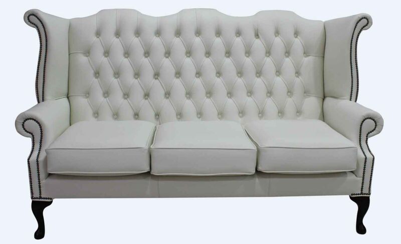Product photograph of Chesterfield 3 Seater Queen Anne High Back Wing Sofa White Leather from Designer Sofas 4U