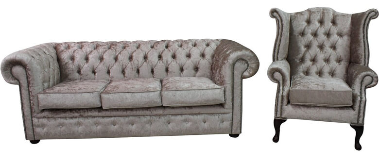 Chesterfield 3 Seater Settee + Queen Anne Wing Chair Shimmer Mink Velvet Sofa Suite Offer