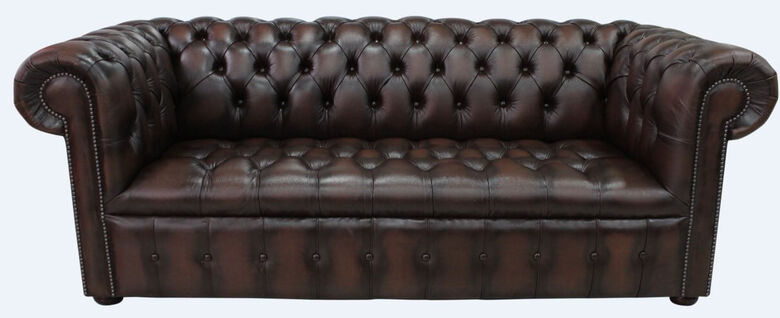 Chesterfield 3 Seater Buttoned Seat Sofa Antique Brown Leather