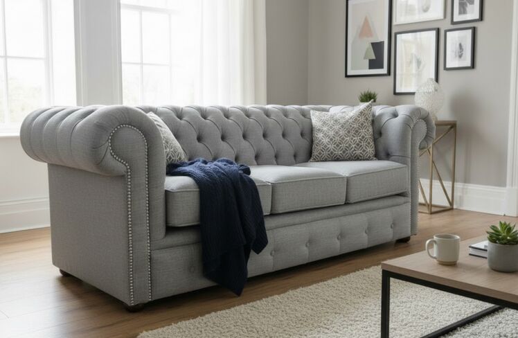 Chesterfield 3 Seater Settee Bacio Zinc Fabric Sofa Offer