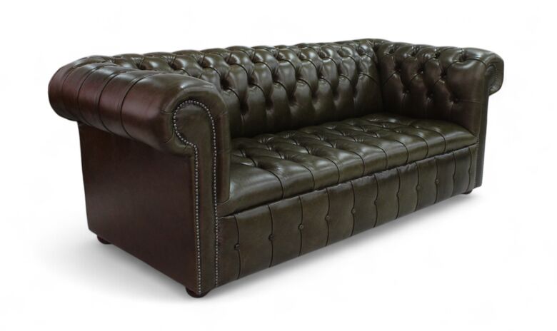 Chesterfield 3 Seater Settee Buttoned Seat Old English Alga Leather Sofa