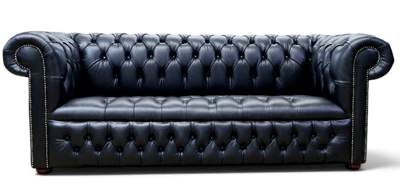 Chesterfield 3 Seater Settee Buttoned Seat Old English Black Leather Sofa