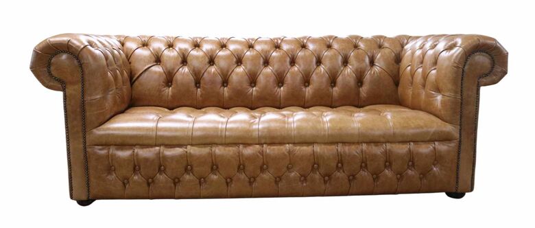 Chesterfield 3 Seater Settee Buttoned Seat Old English Tan Leather Sofa