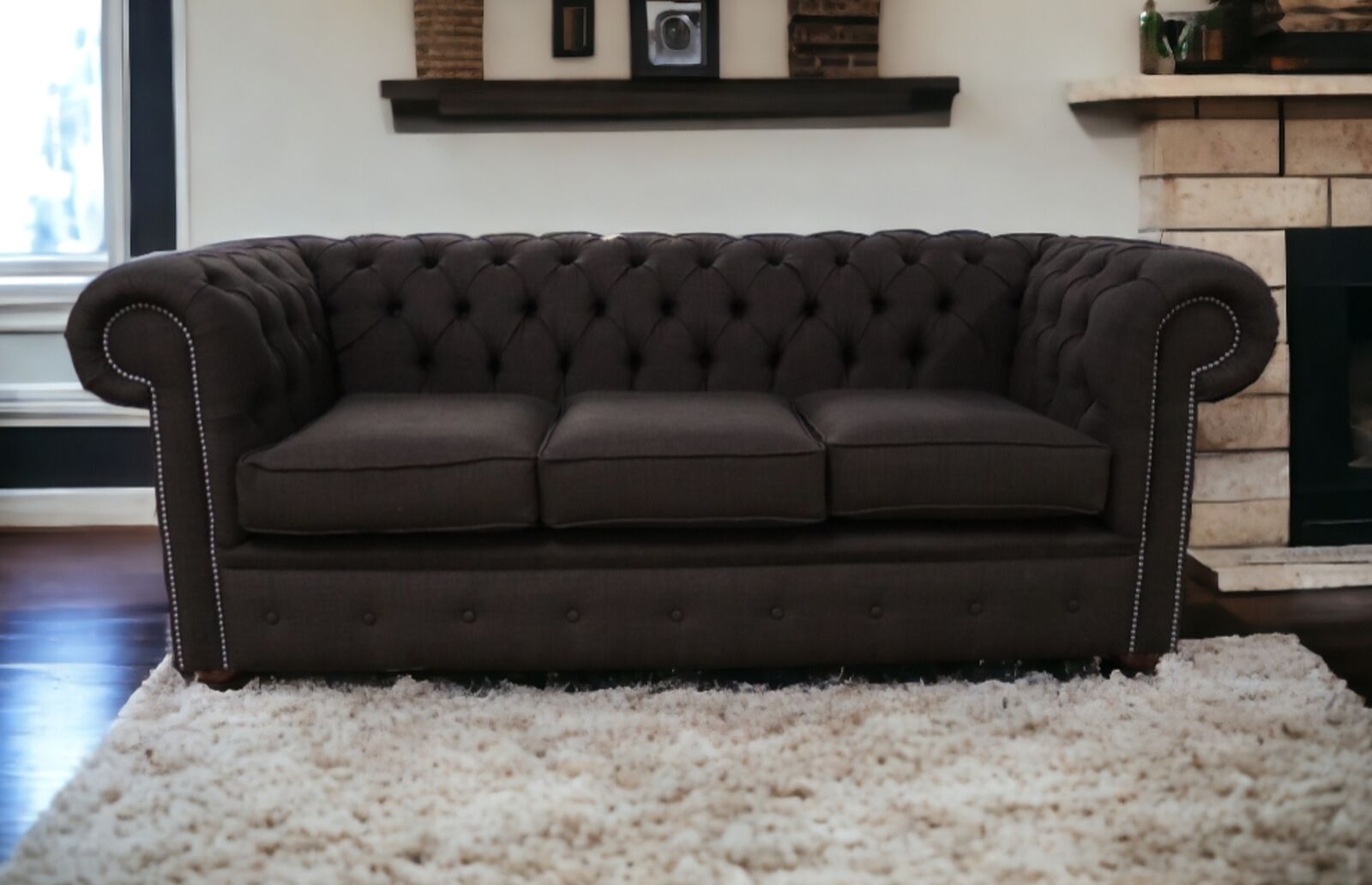 Product photograph of Chesterfield 3 Seater Settee Charles Linen Sandlewood Brown Amp Hellip from Designer Sofas 4U