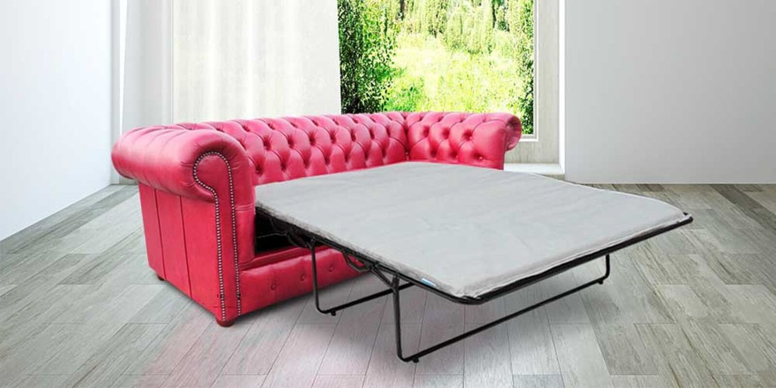 Product photograph of Best Pull Out Sofa Bed In Old English Gamay Red Leather Chesterfield 3 Seater from Designer Sofas 4U