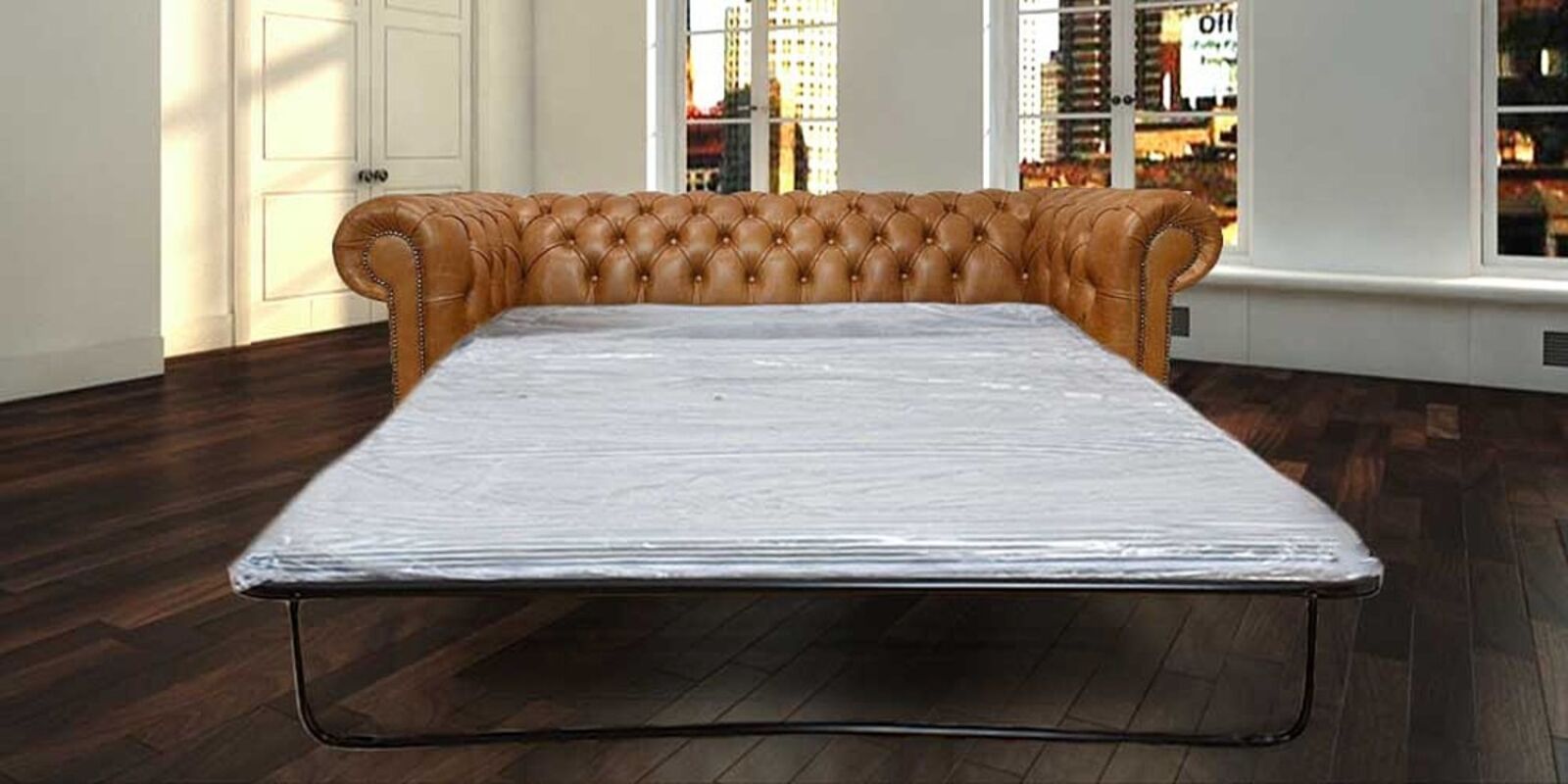Product photograph of Best Pull Out Sofa Bed Sale In Chesterfield 3 Seater Old English Tan Leather from Designer Sofas 4U