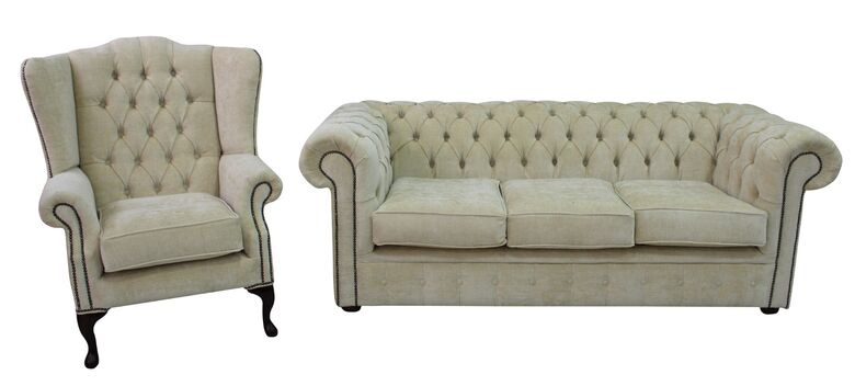 Chesterfield 3 Seater + Mallory Wing Chair Velluto Chiffon Fabric Sofa Suite Offer