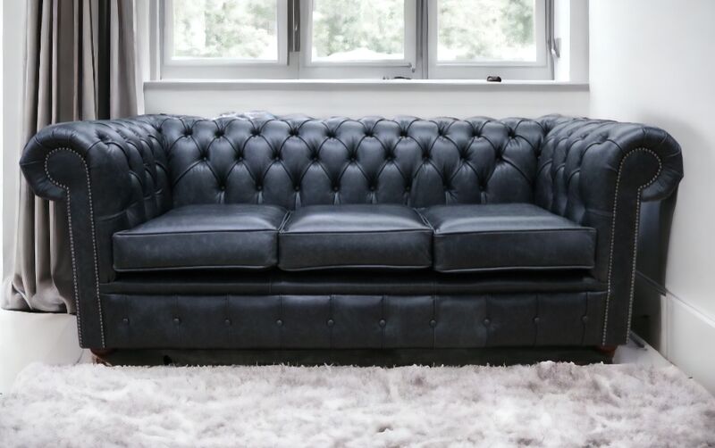 Product photograph of Chesterfield 3 Seater Settee Cracked Wax Jet Black Leather Sofa from Designer Sofas 4U