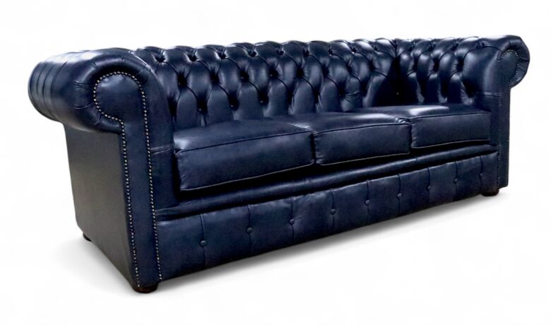 Chesterfield 3 Seater Sofa Old English Ocean Blue Leather