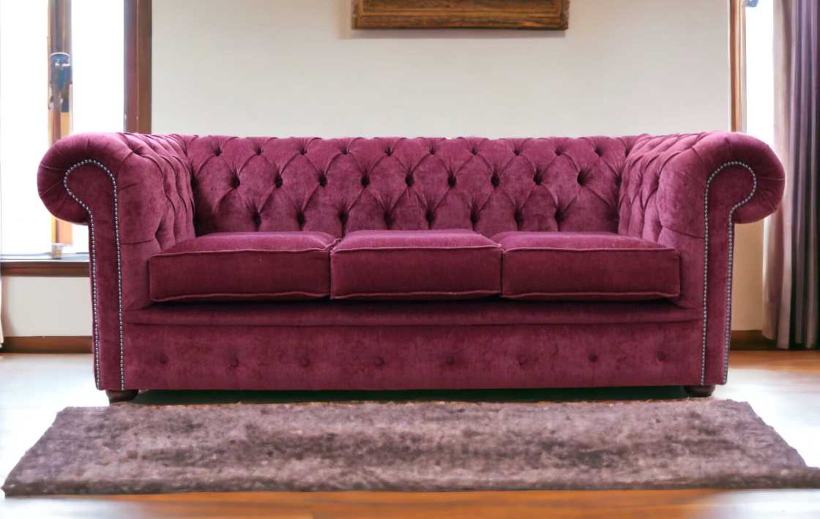 Product photograph of Chesterfield 3 Seater Settee Pimlico Burgandy Fabric Sofa Offer from Designer Sofas 4U