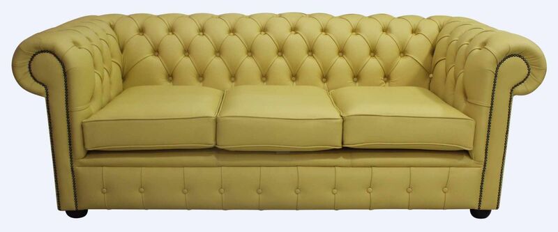Product photograph of Chesterfield 3 Seater Settee Deluca Yellow Leather Sofa Offer from Designer Sofas 4U