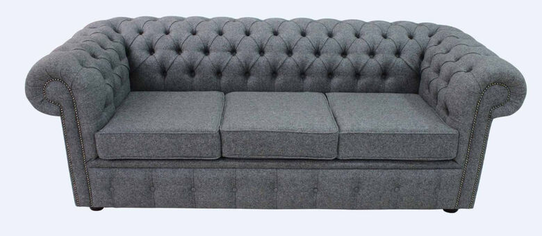 Chesterfield 3 Seater Dark Grey Arnold Wool Real Fabric Sofa