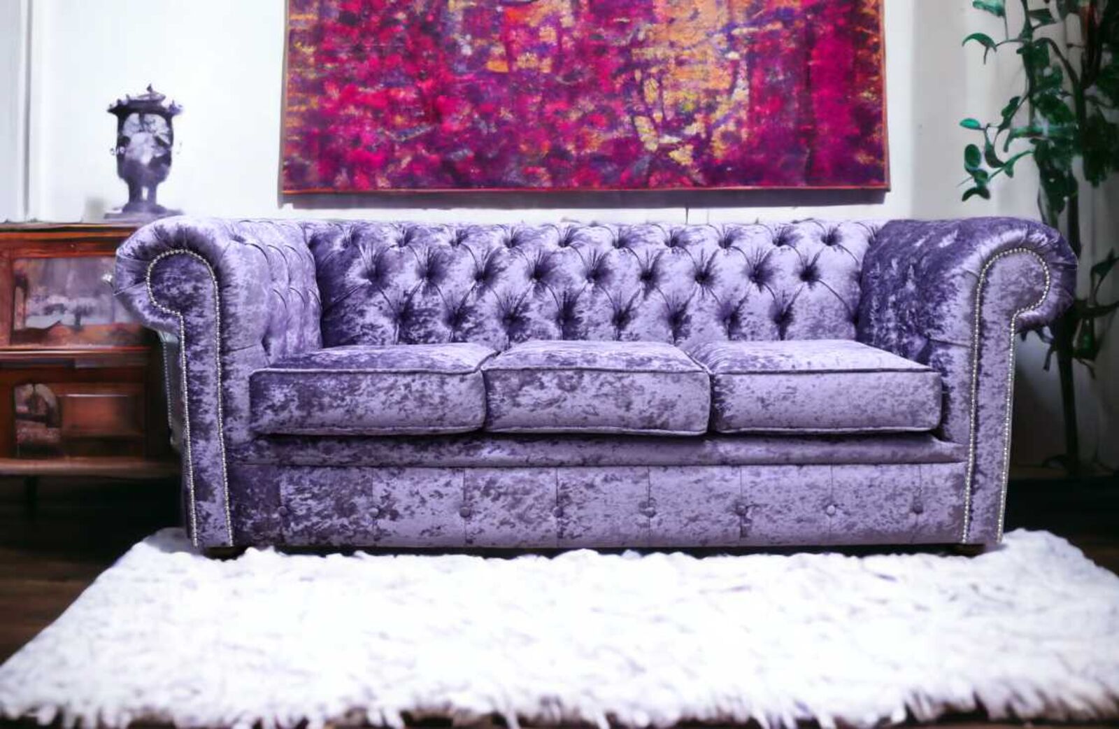 Product photograph of Chesterfield 3 Seater Settee Shimmer Grape Velvet Sofa Offer from Designer Sofas 4U