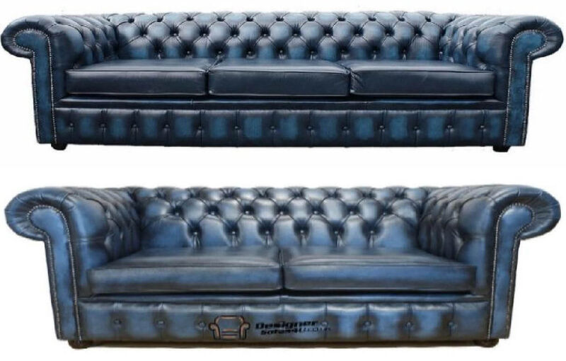 Product photograph of Chesterfield Leather 3 Seater 2 Seater Antique Blue Sofa Offer from Designer Sofas 4U