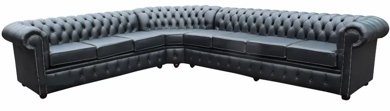 Chesterfield 4 Corner 3 Sofa Unit 8 Seater Black Leather Cushioned (with arm)