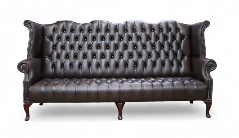 Chesterfield 4 Seater Queen Anne Buttoned Seat High Back Wing Sofa Antique Brown Leather
