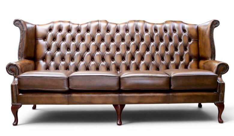 Chesterfield 4 Seater Queen Anne High Back Wing Sofa Antique Tan