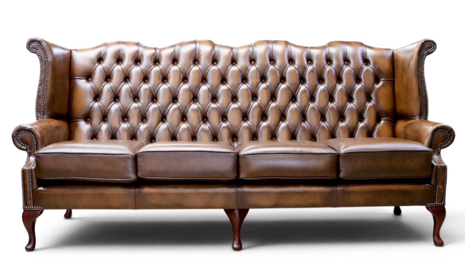 Chesterfield 4 Seater Queen Anne High Back Wing Sofa Antique Tan