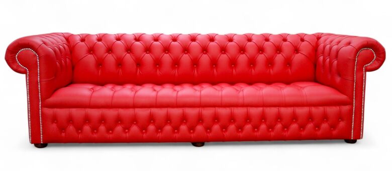 Chesterfield 4 Seater Settee Buttoned Seat Shelly Flame Red Leather Sofa Offer