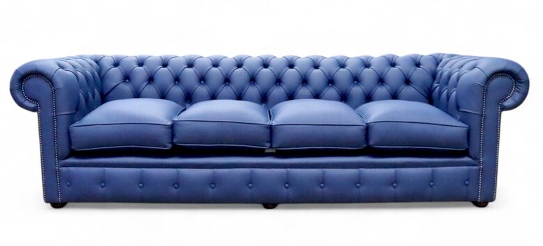 Chesterfield 4 Seater Settee Shelly Bilberry Blue Real Leather Sofa