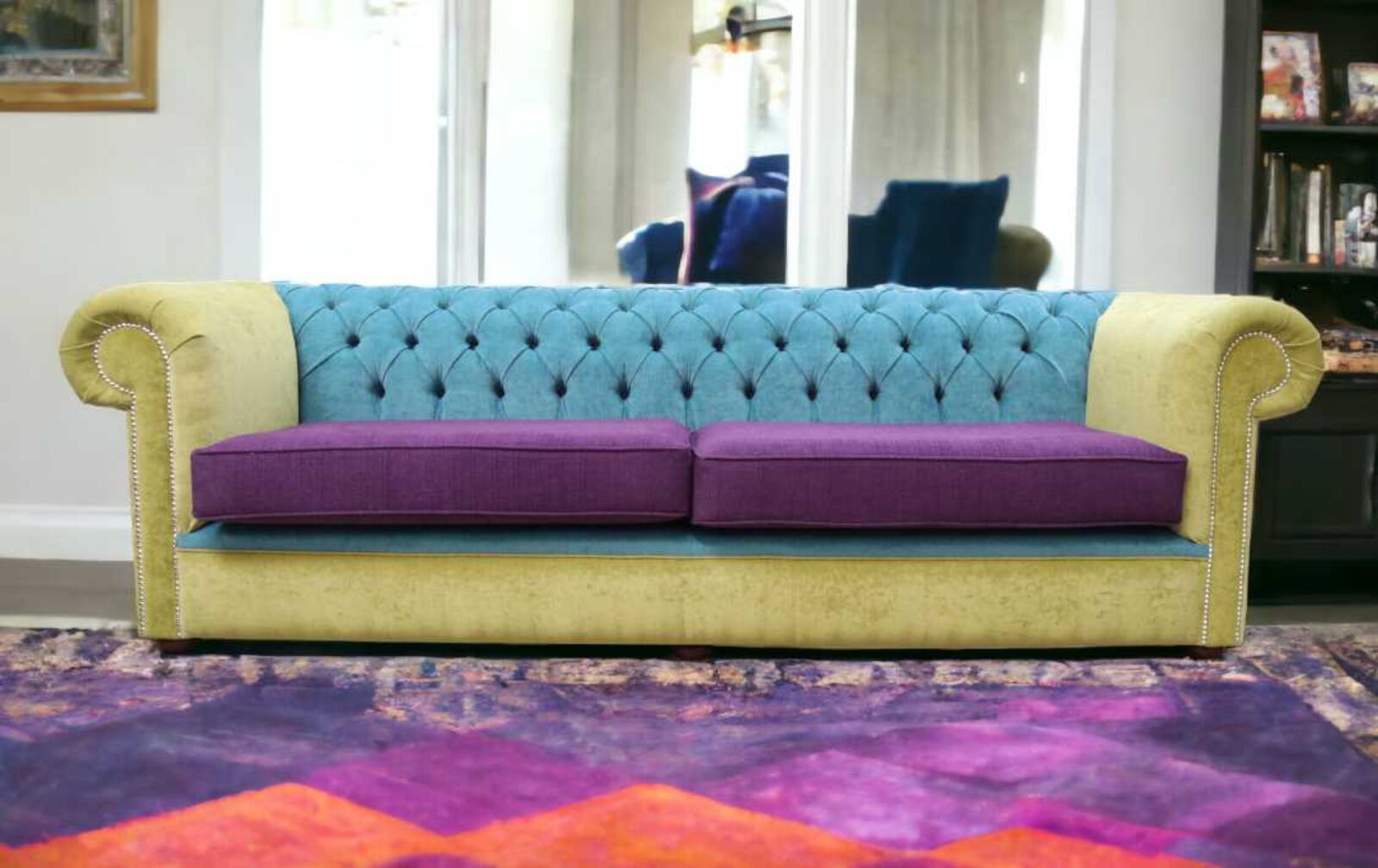 Product photograph of Chesterfield 4 Seater Sofa Pimlico Multi Colour Purple Green Blue Fabric from Designer Sofas 4U