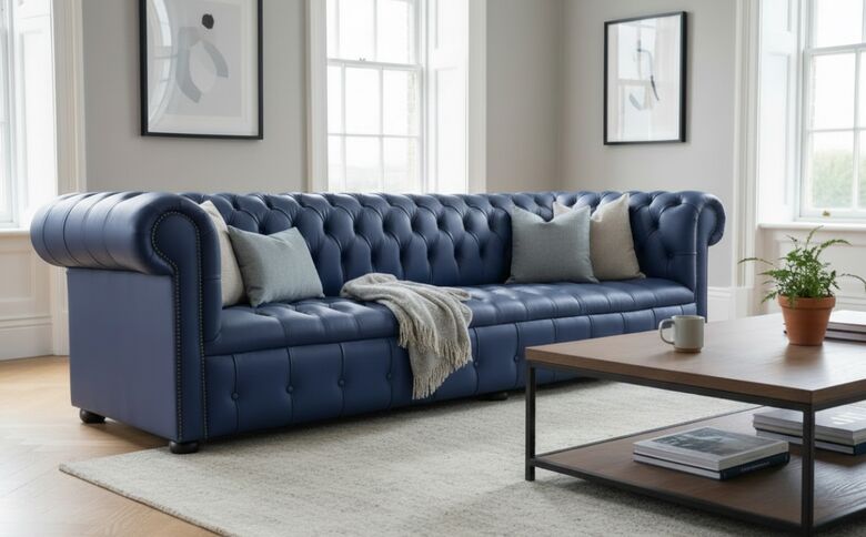 Chesterfield 5 Seater Settee Buttoned Seat Bilberry Blue Leather Sofa Offer