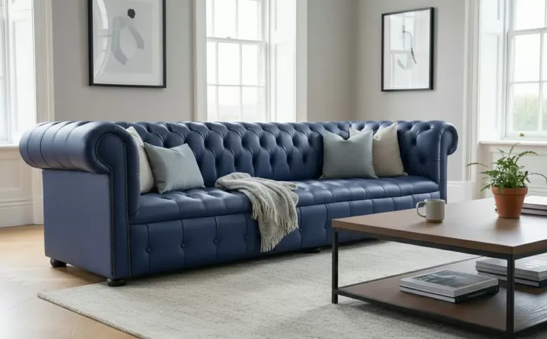 Chesterfield 5 Seater Settee Buttoned Seat Bilberry Blue Leather Sofa Offer