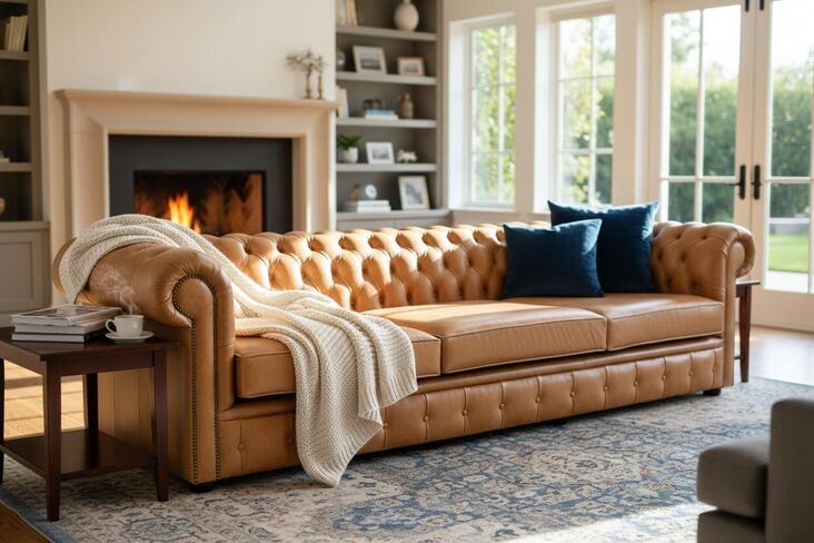 Chesterfield 5 Seater Sofa Settee Old English Tan Leather