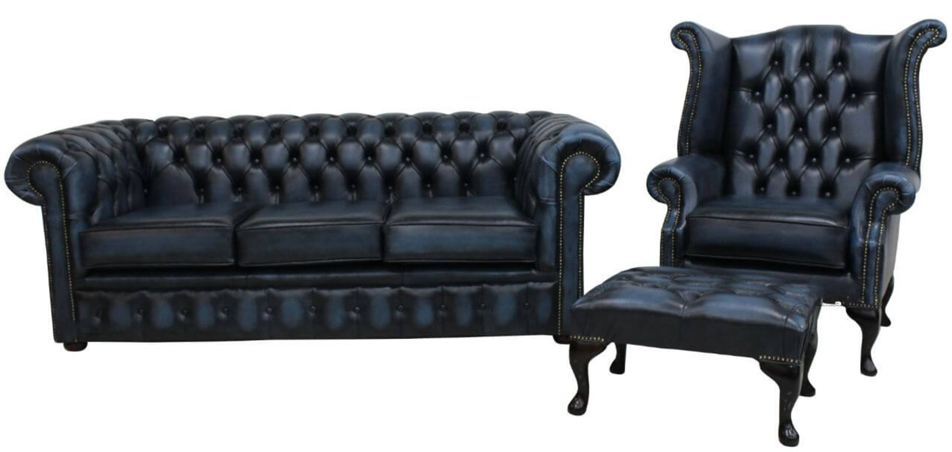 Chesterfield 3 Seater Sofa Queen Anne, Chesterfield Leather Armchair And Footstool