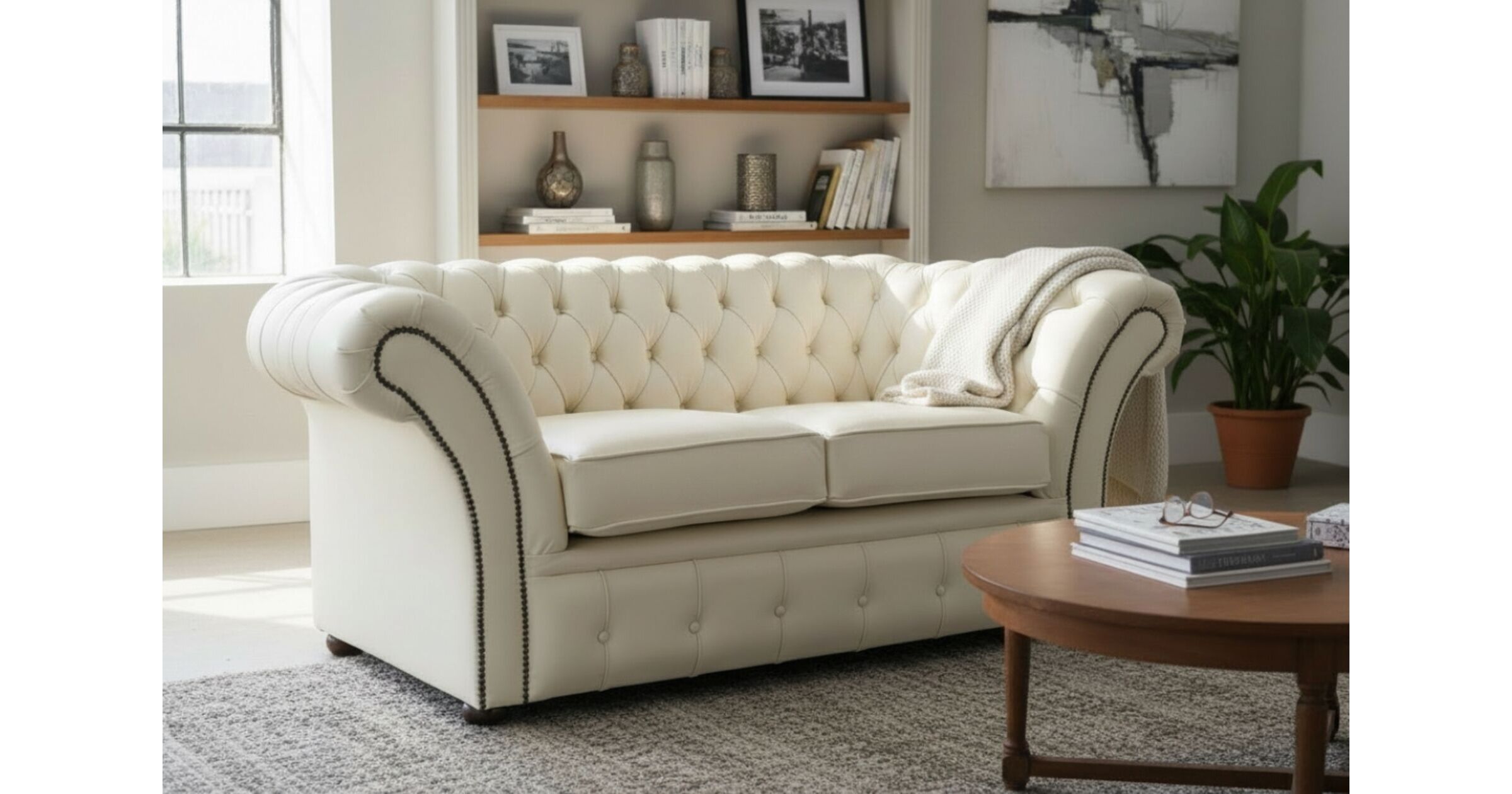 Luxury Chesterfield Sofa – 2 Seater in Cottonseed Cream Leather