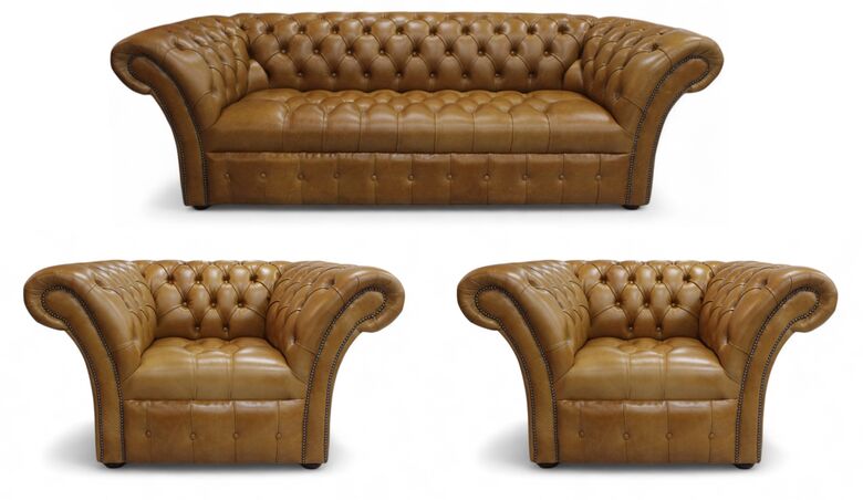 Chesterfield Balmoral 3+1+1 Buttoned Seat Vintage Sofa Suite Old English Tan Leather