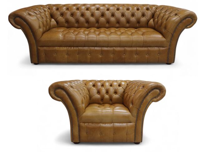 Chesterfield Balmoral 3+1 Buttoned Seat Vintage Sofa Suite Old English Tan Leather