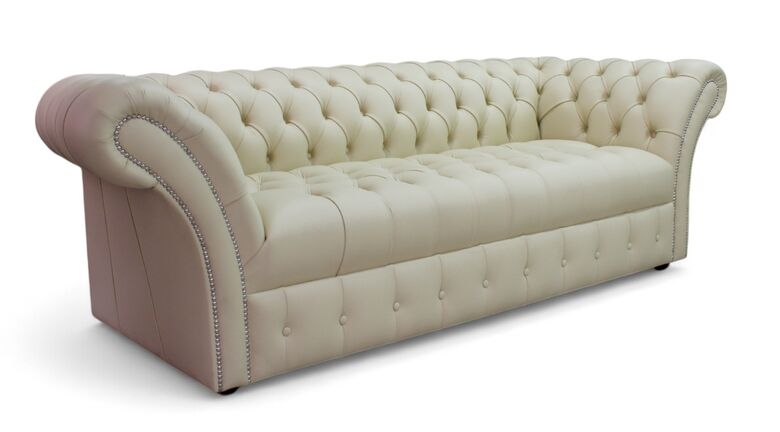 Chesterfield Balmoral 3 Seater Buttoned Seat Sofa Settee Almond Cream Real Leather