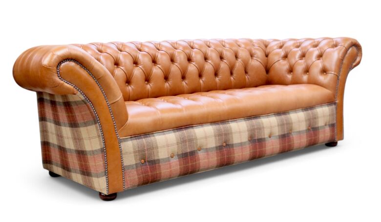 Chesterfield Balmoral 3 Seater Buttoned Seat Sofa Settee Old English Bruciato Leather & Rosewine Wool