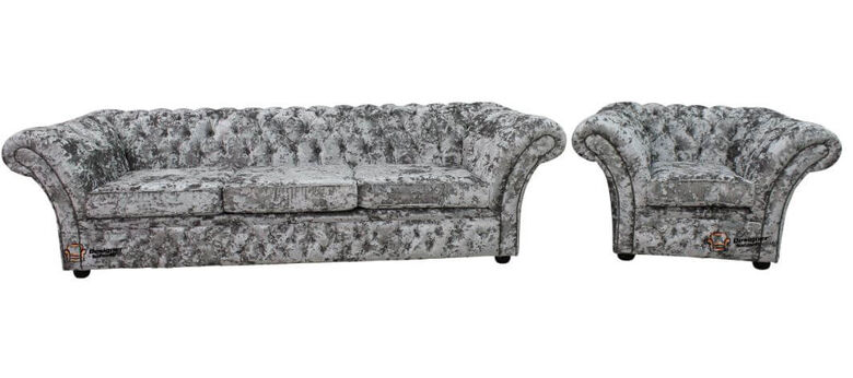 Lustro Argent Velvet Fabric Chesterfield Balmoral 4 + Club Armchair Sofa Settee Suite