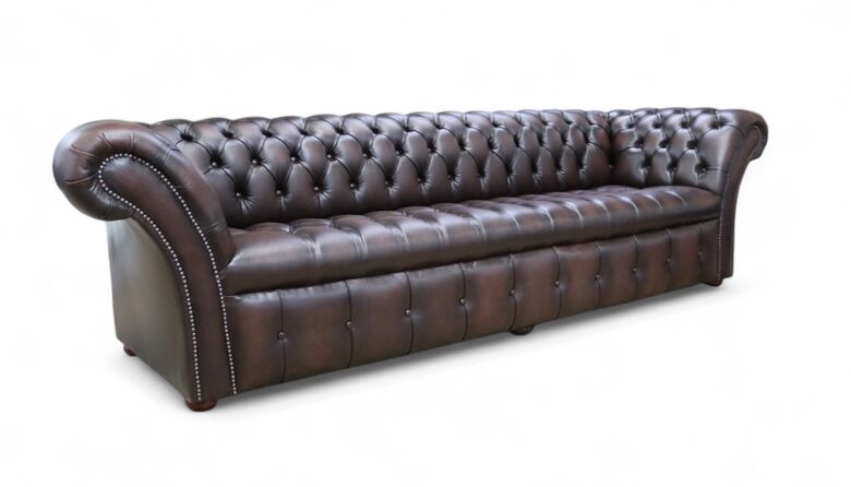 Chesterfield Balmoral 4 Seater Sofa Buttoned Seat Settee Antique Brown Leather