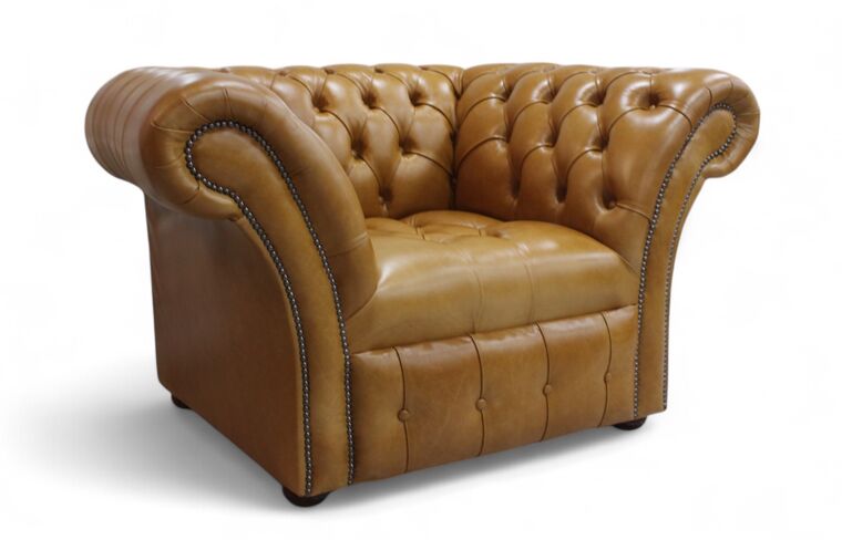 Old English Aniline Tan Leather Chesterfield Balmoral Armchair Buttoned Seat | DesignerSofas4U
